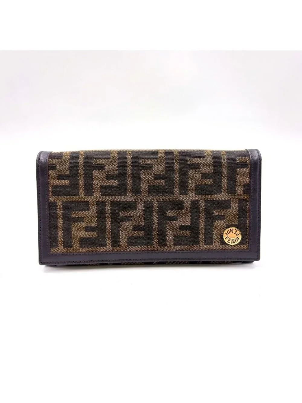 Fendi Zucca Pattern Leather Canvas Brown Black Bifold Wallet Gold